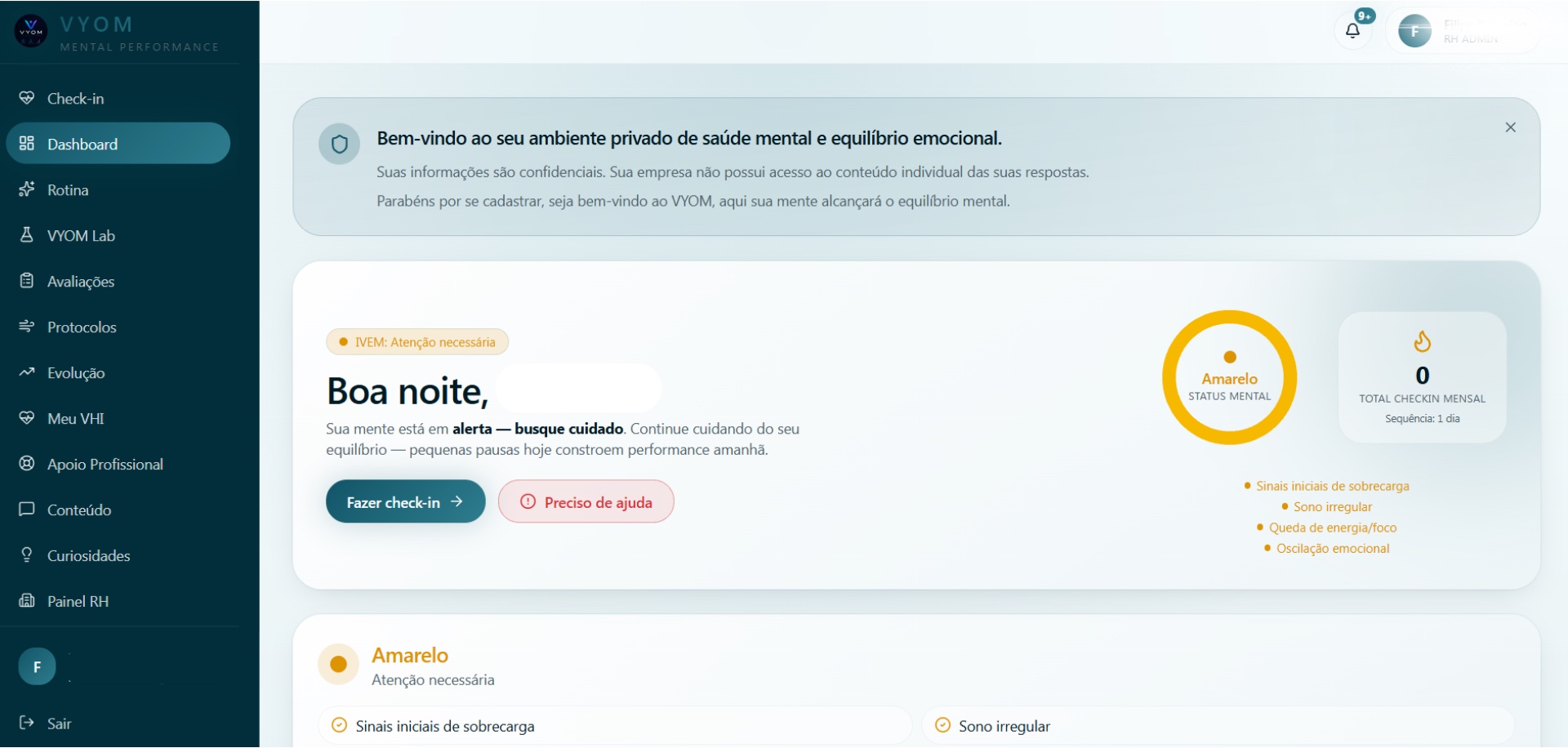 Dashboard desktop da VYOM com indicadores agregados de saúde mental