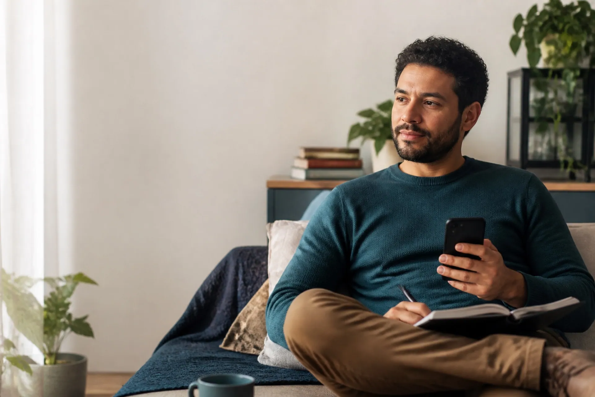 Pessoa em um momento pessoal de cuidado com celular e caderno
